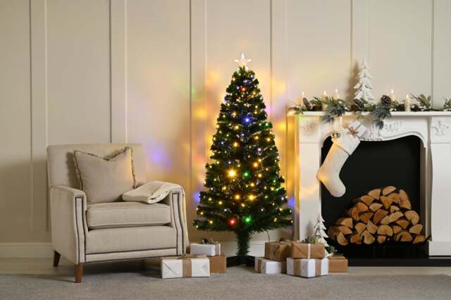 6ft Fibre Optic Christmas Tree Artificial - Dark Green with LED Lights Multicoloured 220 Tips