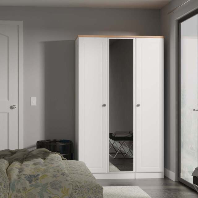 Norfolk Tall Mirror Wardrobe White & Light Oak 1 Shelf 111cm