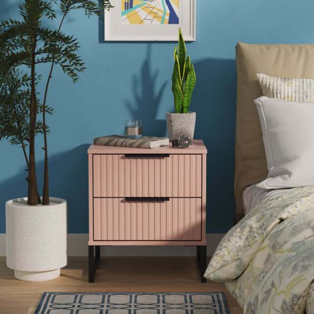 Fluted Bedside Table Pink 2 Drawers 60cm