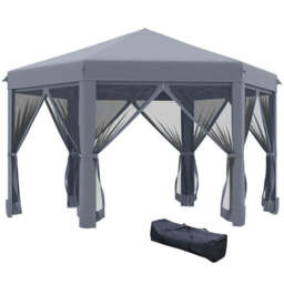Outsunny 3.2 x 3.2M Pop Up Gazebo Hexagonal Canopy Tent Outdoor Sun Protection With Mesh Sidewalls Handy Bag Grey
