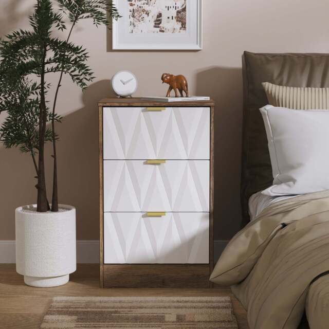 Las Vegas F Bedside Table White & Oak 3 Drawers 73cm