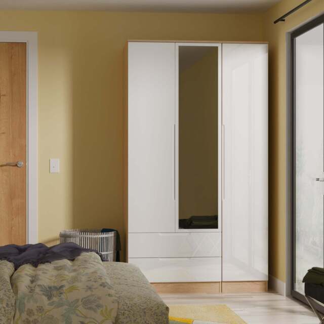 Milan Tall Mirror Wardrobe White & Oak 1 Shelf 2 Drawers 196cm