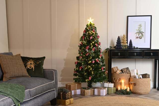 4ft Holly & Candy Cane Christmas Tree Artificial - Fibre Optic Warm White 125 Tips