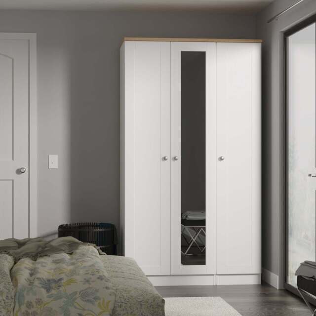 Sussex Tall Mirror Wardrobe White & Light Oak 1 Shelf 111cm