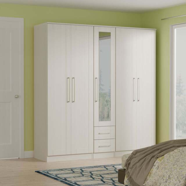 York Tall Mirror Wardrobe Grey 5 Doors 2 Shelves 2 Drawers 185cm