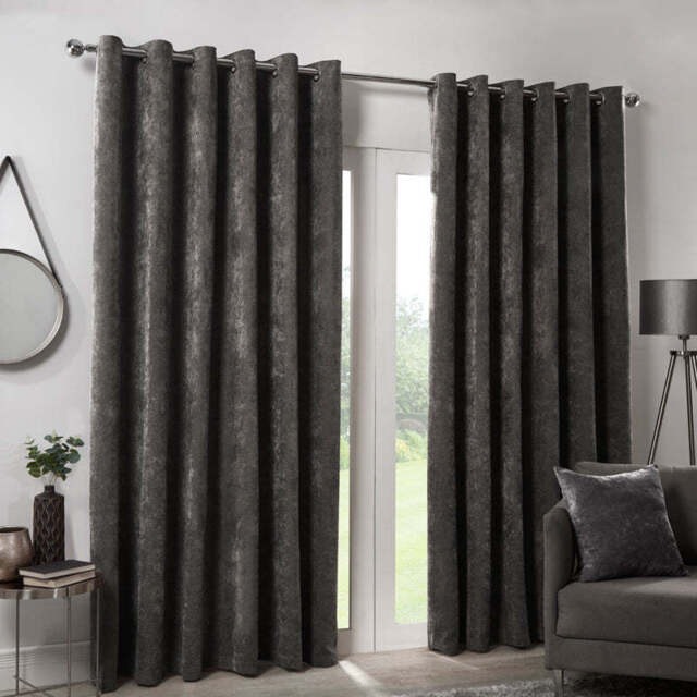 "Hamilton McBride Charcoal Italian Velvet Blackout Eyelet Curtains (46"" x 54"")"