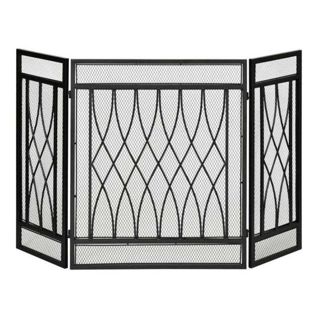 Homcom 3-Panel Folding Fireplace Screen Home Metal Mesh Fire Spark Guard 126L X 3W X 80H cm-Black
