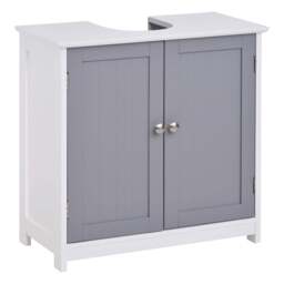 kleankin 60x60cm Under-Sink Storage Cabinet w/ Adjustable Shelf Handles Drain Hole Bathroom Cabinet Space Saver Organizer White and Grey