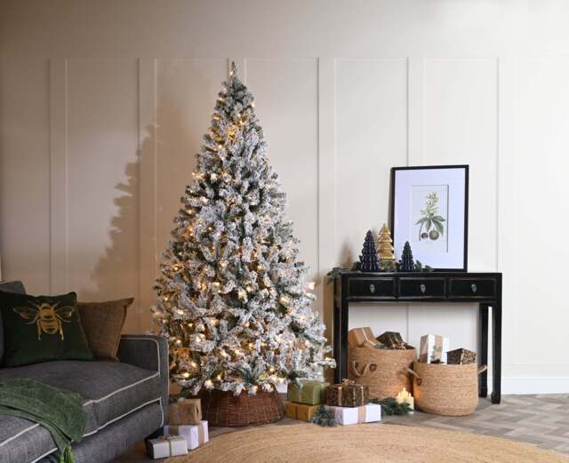 7ft Wentworth Fir Christmas Tree Artificial - White Frosted Green with LED Lights Warm White 1200 Tips