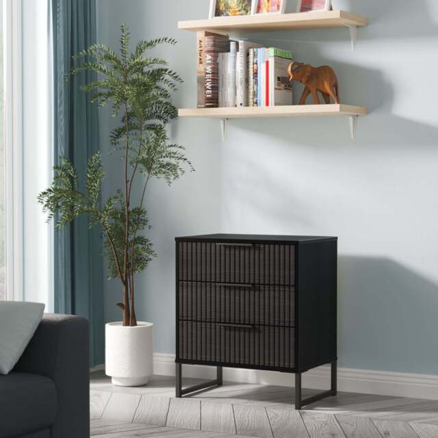 Fluted Chest of Drawers Black 3 Drawers 76cm