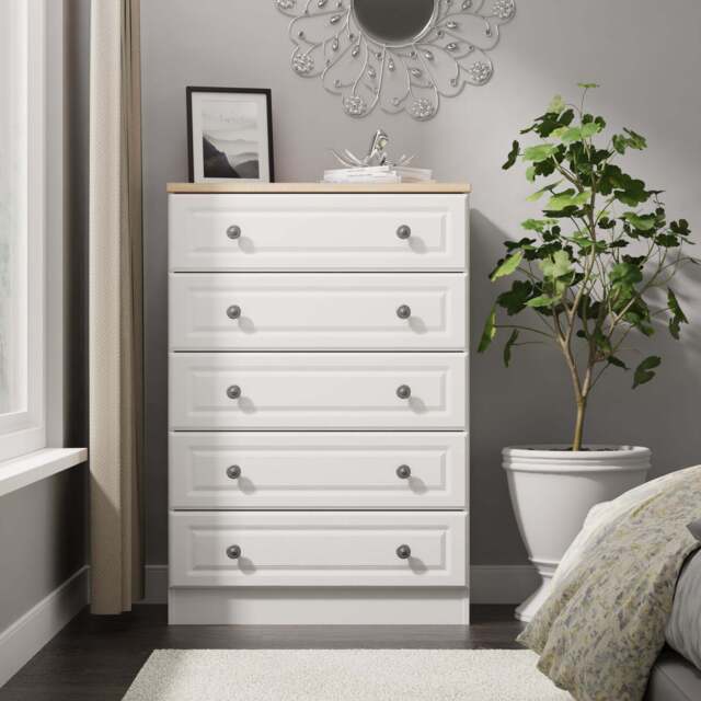Norfolk Tall Chest of Drawers White & Light Oak 5 Drawers 74cm
