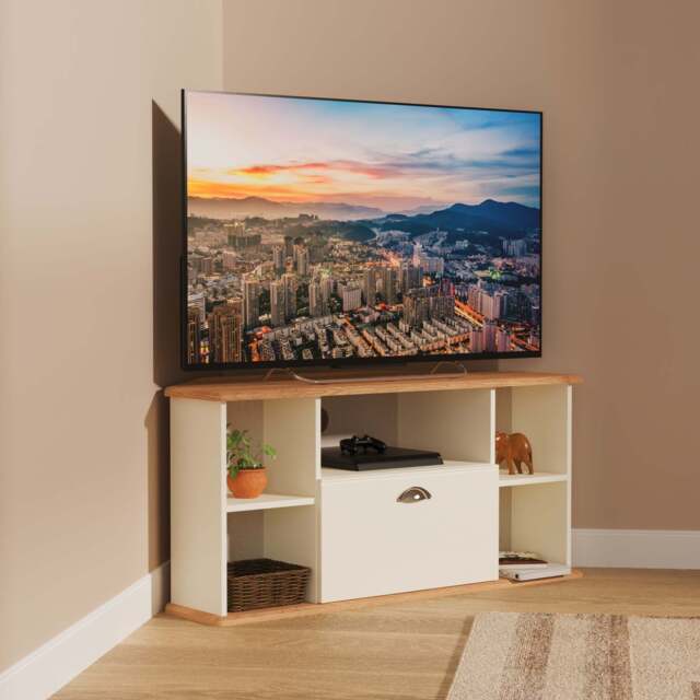 Victoria Corner Corner TV Unit Cream & Light Oak 5 Shelves 1 Drawer 112cm