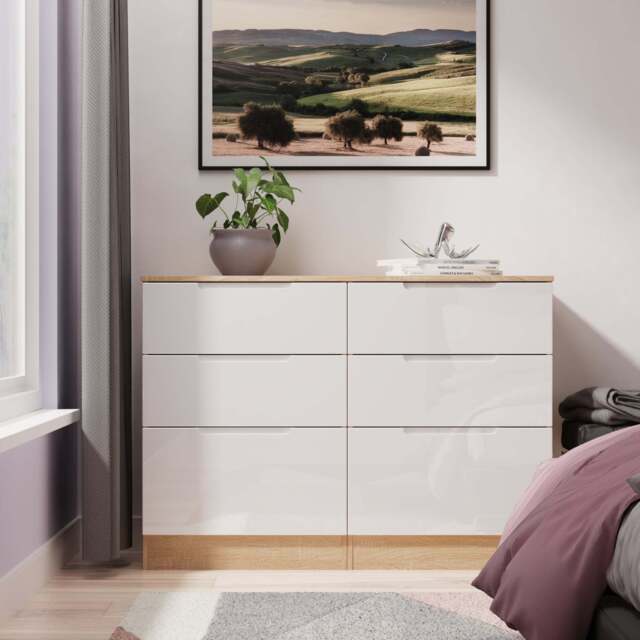 Milan Large Chest of Drawers White & Oak 6 Drawers 110cm