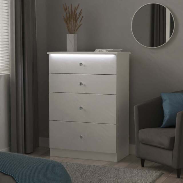 Lumiere Tall Chest of Drawers with LED lights White 4 Drawers 108cm