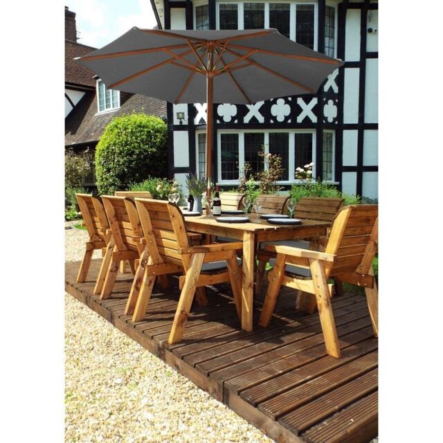 Scandinavian Redwood Garden Patio Dining Set by Charles Taylor - 8 Seats Grey Cushions