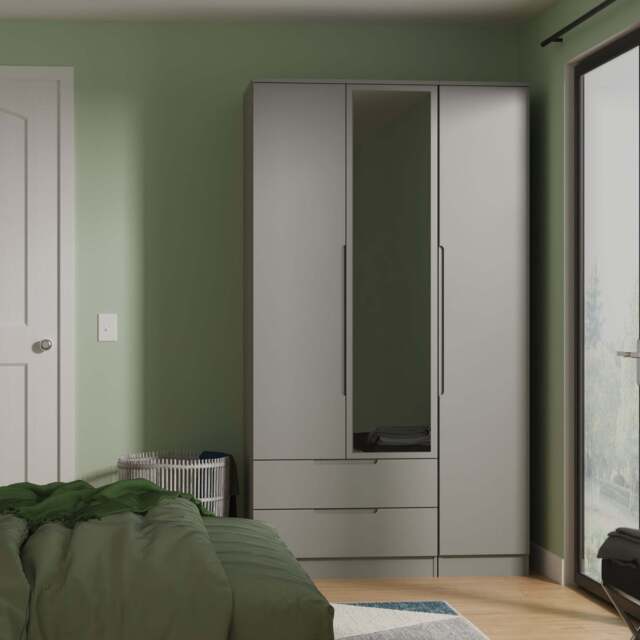 Milan Tall Mirror Wardrobe Grey 1 Shelf 2 Drawers 196cm