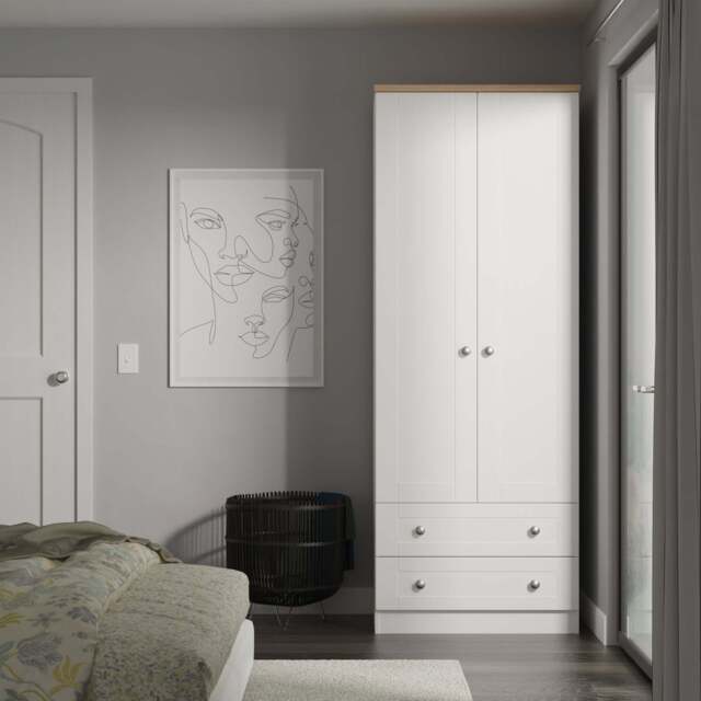 Sussex Tall Wardrobe White & Light Oak 2 Drawers 74cm
