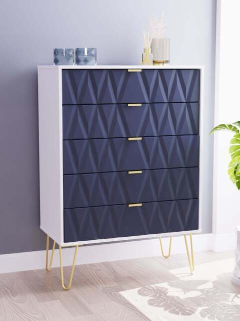 Diamond Tall Chest of Drawers Grey & White 5 Drawers 109cm