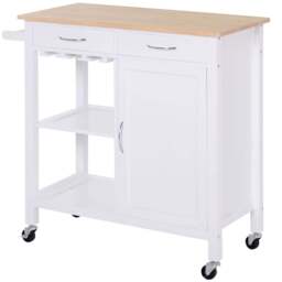 Kitchen Storage Trolley Cart Cupboard Rolling Wheels Shelves Cabinet Island W/ Drawers Towel Rail Wine Glass Rack Pine Wood Worktop White