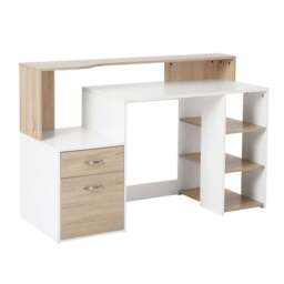 Computer Desk PC Table Modern Home Office Writing Workstation Furniture Printer Shelf Rack w/ Storage Drawer & Shelves Oak and white
