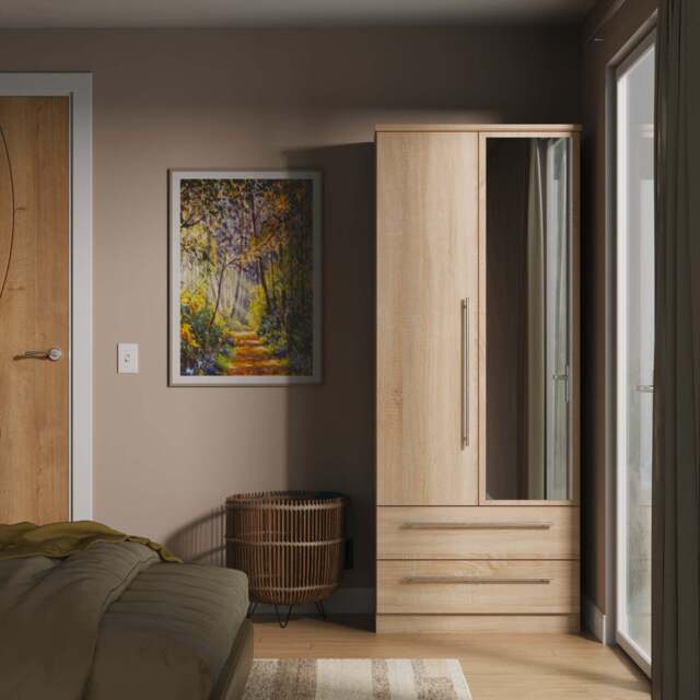 Sherwood Tall Mirror Wardrobe Light Oak 2 Doors 2 Drawers 74cm