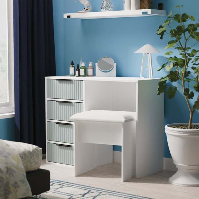 Fluted Desk Teal & White 4 Drawers 97cm