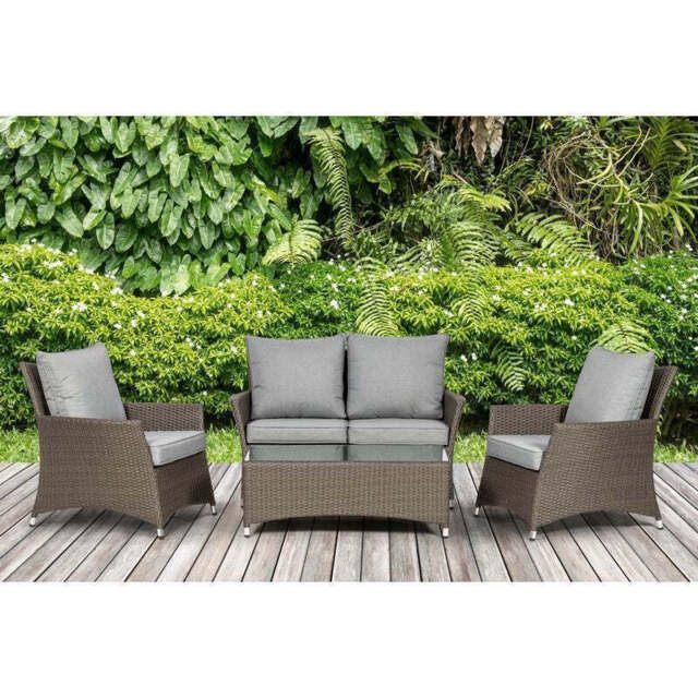 Paris Rattan Garden Patio Dining Set by Royalcraft - 4 Seats Grey Cushions