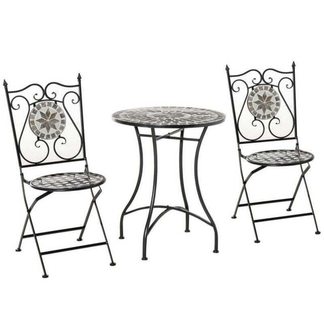 Outsunny 3 Pcs Mosaic Tile Garden Bistro Set Outdoor Seating w/ Table 2 Folding Chairs Set Metal Frame Elegant Scrolling Indoor Patio Balcony
