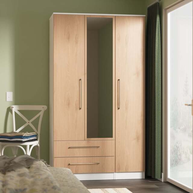 Worcester Tall Mirror Wardrobe White & Light Oak 2 Drawers 111cm