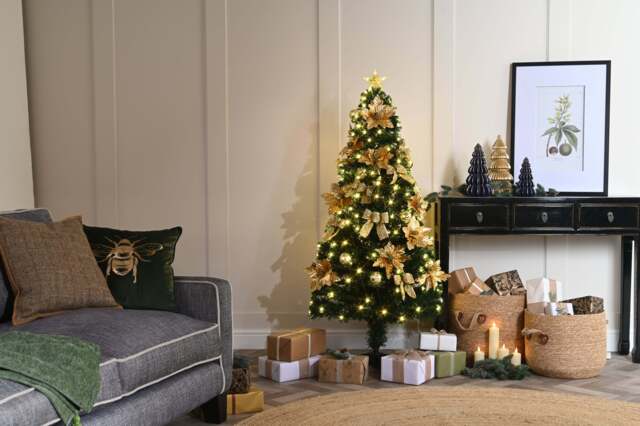3ft Gold Poinsettia & Bow Christmas Tree Artificial - Fibre Optic Warm White 80 Tips