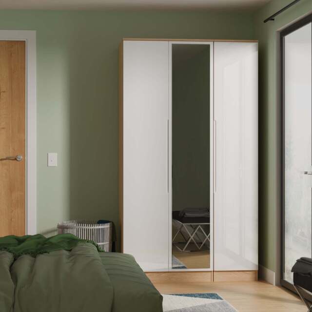Milan Tall Mirror Wardrobe White & Oak 2 Shelves 196cm