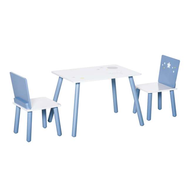 3-Piece Kids Table & Chairs Set w/ Wood Legs Safe Corners Cute Stars Seating Mini Furniture Home Playroom Bedroom Dining Room Blue