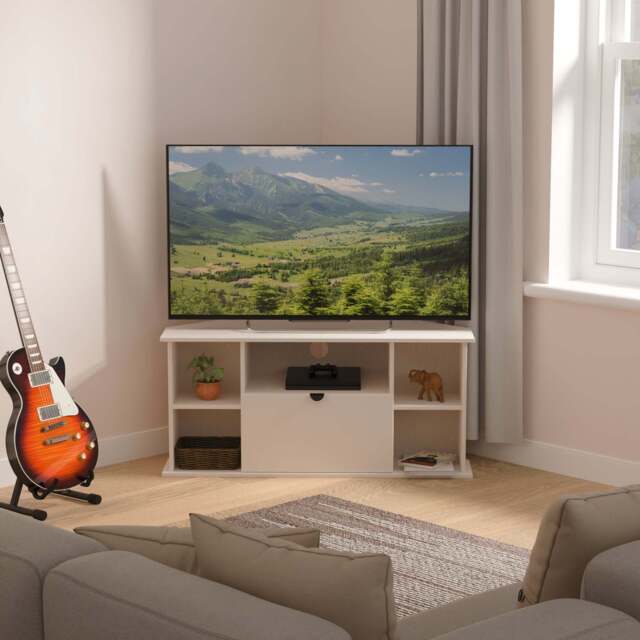 Bora Corner Corner TV Unit Off-White 4 Shelves 1 Drawer 110cm