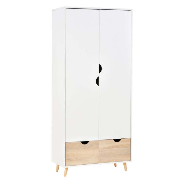 2-Door Clothes Wardrobe w/ Rail Shelf 2 Drawers Wood Feet Elegant Home Storage Organisation Furniture Dresses Coats Blankets Shoes White