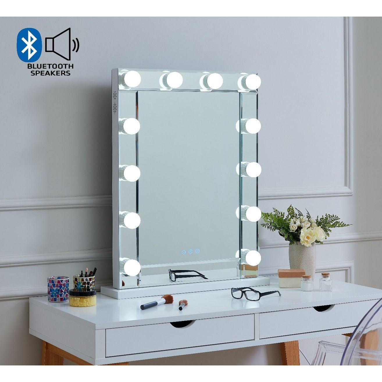 Hollywood Mirror With Bluetooth Speaker - Glass