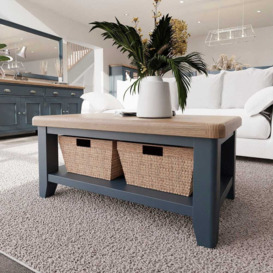 Wessex Smoked Oak Blue Painted Coffee Table With Wicker Baskets