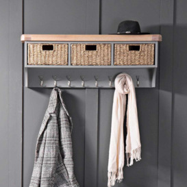 Dorset Storm Grey Painted Oak Large Coat Rack with Wicker Baskets