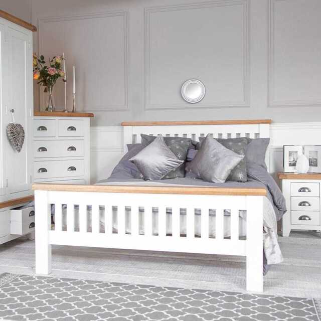 Hampshire White Painted Oak King Size Bed Frame High Foot End