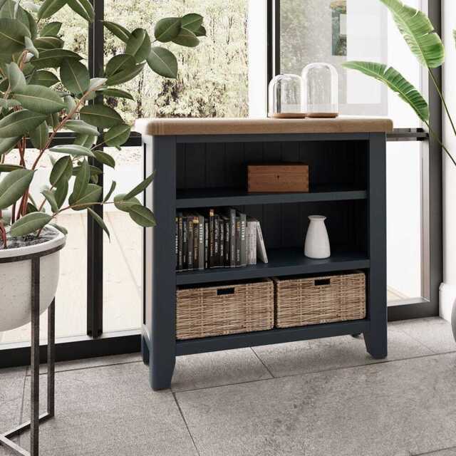 Wessex Smoked Oak Blue Painted Small Bookcase with Wicker Baskets