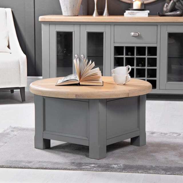 Dorset Storm Grey Painted Oak Round Coffee Table With Storage