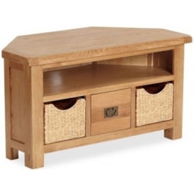 Addison Natural Oak Corner TV Unit with Baskets, 105cm with Storage for Television Upto 32in Plasma