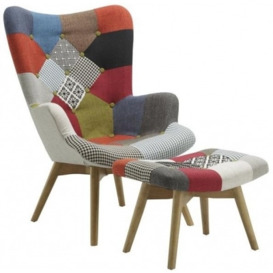 Sloane Fabric Patchwork Armchair and Stool - thumbnail 1