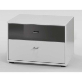 Tokio 2 Drawer Black Glass Top Drawer Bedside Cabinet in White with Silver Handle