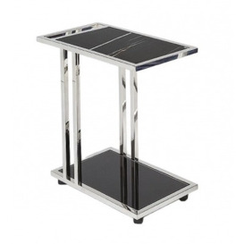 Stone International Tray Marble Accent Table - Black Glass and Polished Steel