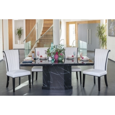Naples Marble Dining Table Set, Rectangular Black Top and Pedestal Base with Cadiz White Faux Leather Chairs - image 1