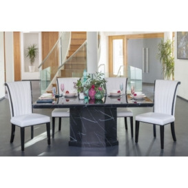Naples Marble Dining Table Set, Rectangular Black Top and Pedestal Base with Cadiz White Faux Leather Chairs - thumbnail 1