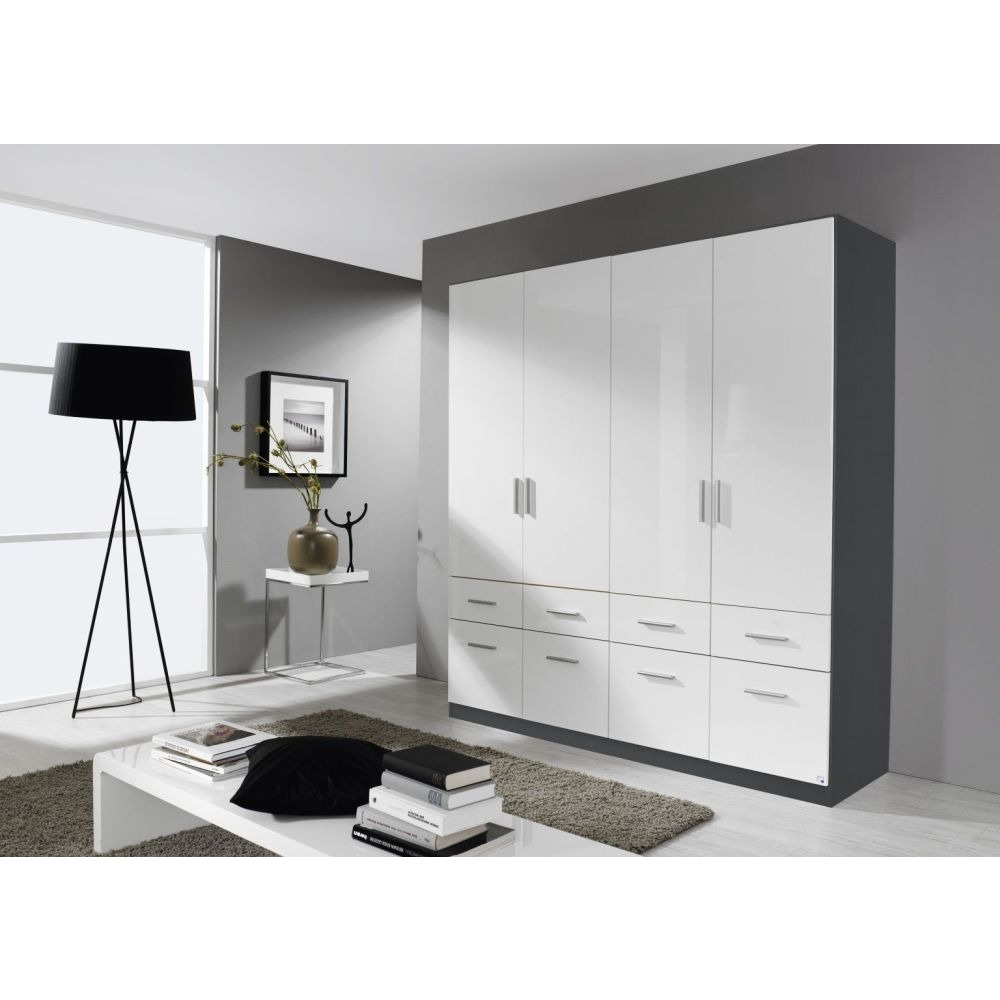 Rauch Celle 4 Door 8 Drawer Combi Wardrobe in Metallic Grey and High Gloss White - W 181cm - image 1