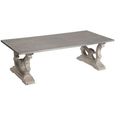 Asbury Old Pine in Grey Lime Finish Rectangular Coffee Table with Zinc Top and Double Pedestal Base - Georgian Style - image 1