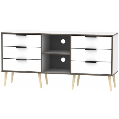 Hong Kong White 6 Drawer TV Unit with Wooden Legs