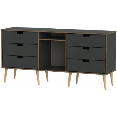 Shanghai Graphite 6 Drawer TV Unit with Natural Wooden Legs